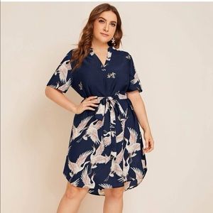 Shein plus notch neck self belted curved hem dress